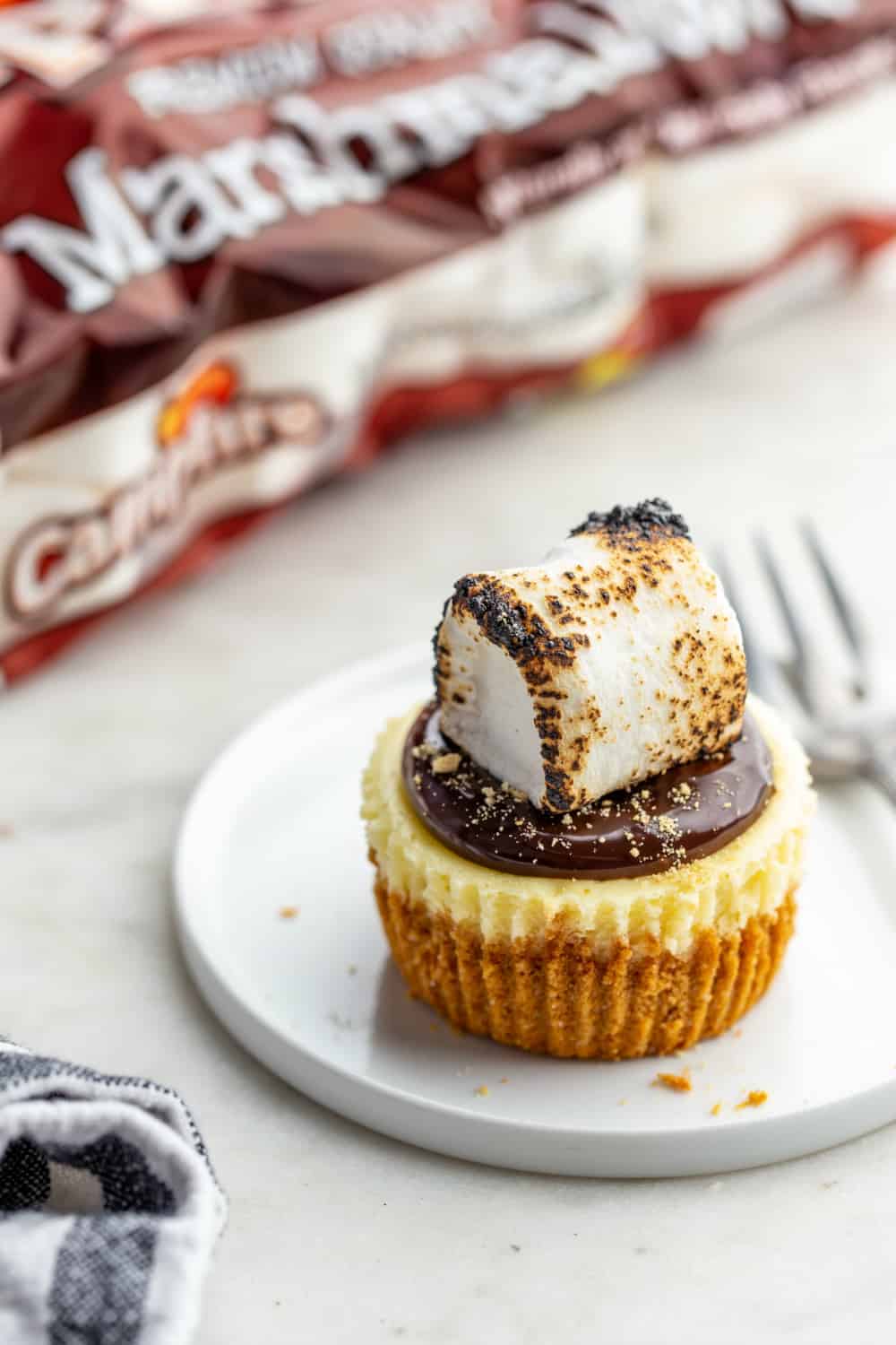 Mini s'mores cheesecake on a white plate with a bag of Campfire marshmallows in the background