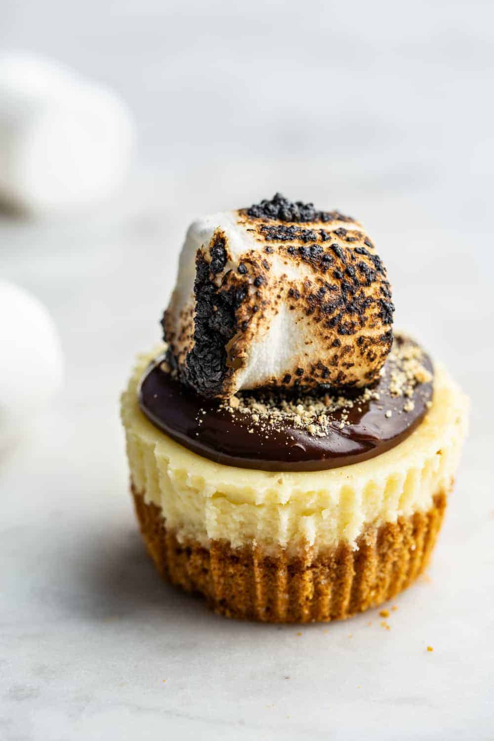 Mini s'mores cheesecake topped with a toasted marshmallow on a light background