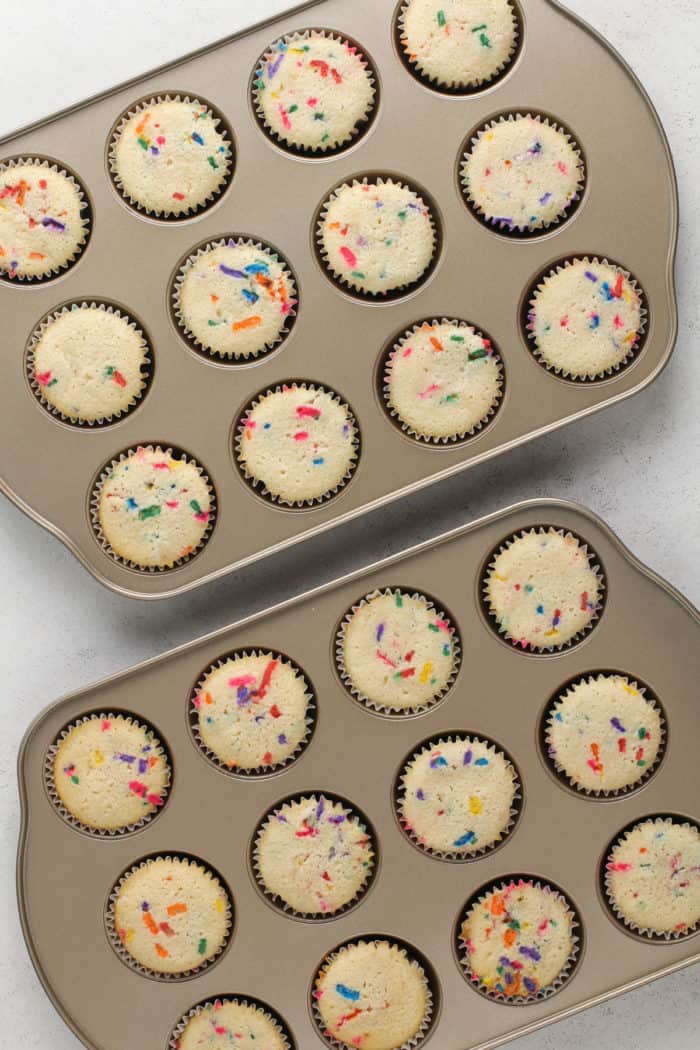 Baked funfetti cupcakes in cupcake tins.