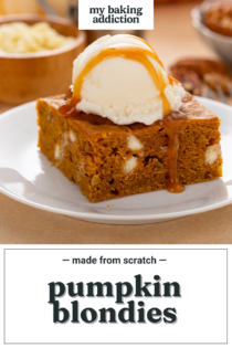 Plated pumpkin blondie topped with vanilla ice cream and a drizzle of caramel sauce. Text overlay includes recipe name.