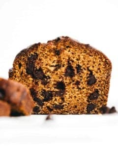 View of the inside of a loaf of pumpkin chocolate chip bread