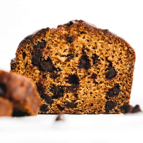 View of the inside of a loaf of pumpkin chocolate chip bread