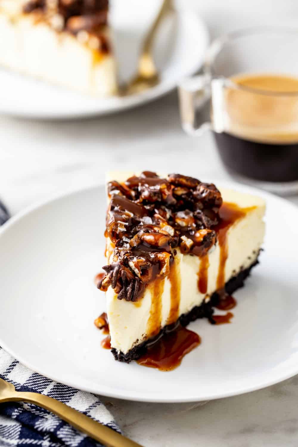 Slice of sweet and salty cheesecake and a cup of espresso