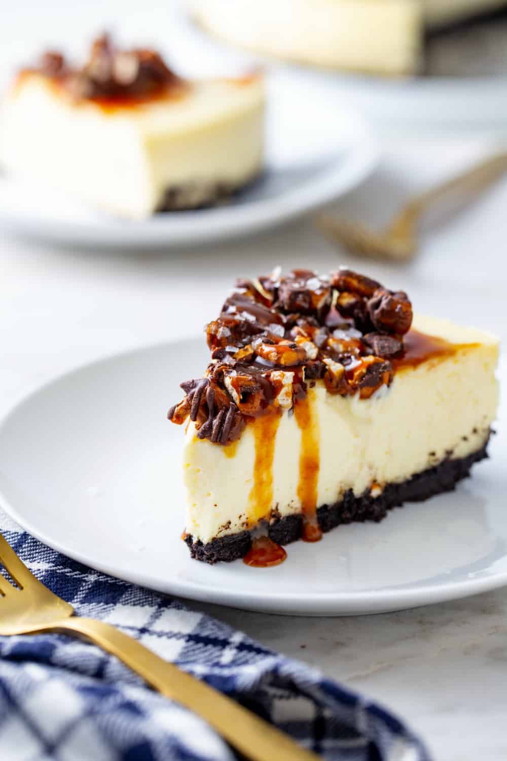 Plated slices of sweet and salty cheesecake