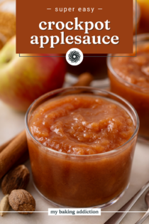 Crockpot applesauce in a small glass bowl. Text overlay includes recipe name.