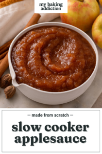Crockpot applesauce in a small white bowl. Text overlay includes recipe name.