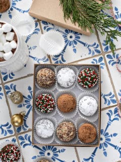 9 rum balls with assorted toppings arranged in a box for gifting
