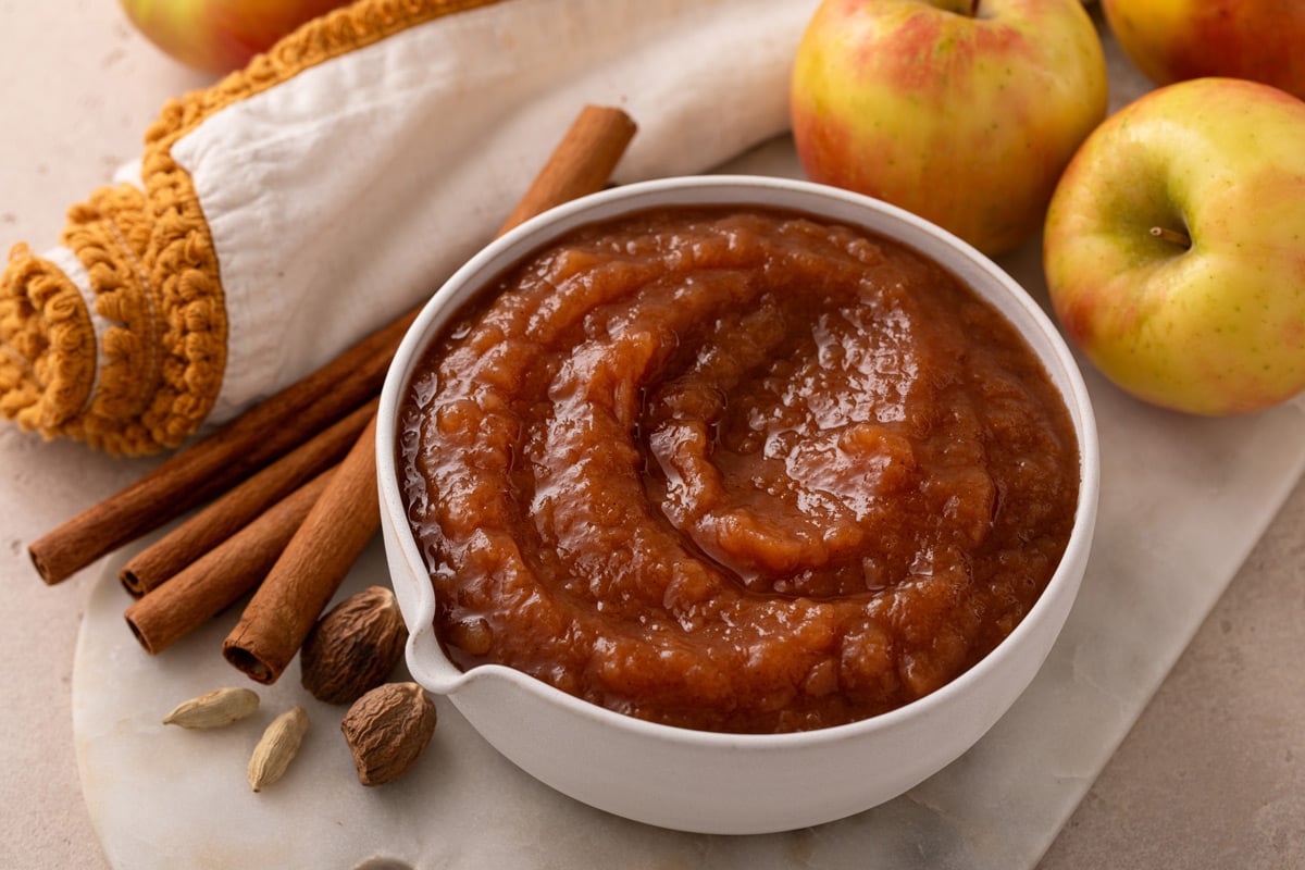 Crockpot applesauce in a small white bowl.