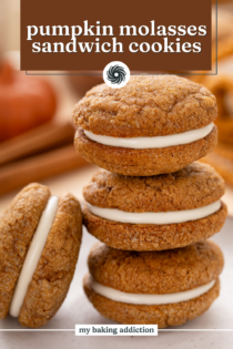 Three pumpkin molasses sandwich cookies stacked on a white plate with a fourth cookie leaning against the stack. Text overlay includes recipe name.