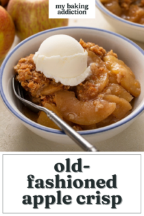 Apple crisp a la mode in a bowl. Text overlay includes recipe name.