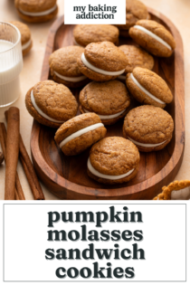 Batch of pumpkin molasses cookies arranged on a wooden platter next to a glass of milk. Text overlay includes recipe name.