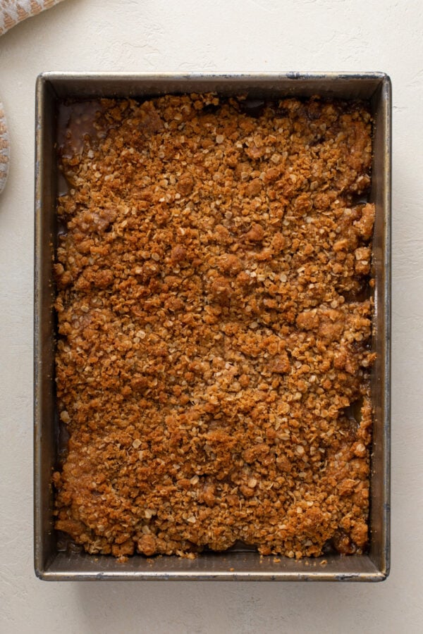 Baked apple crisp in a metal pan.