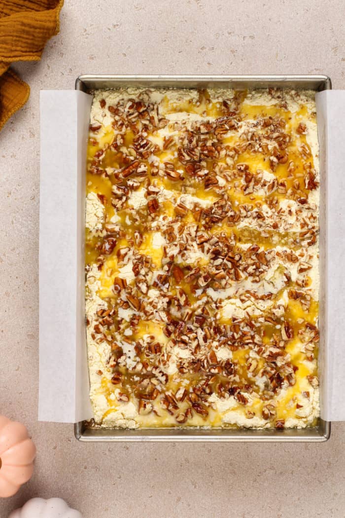 Unbaked pumpkin crunch cake, ready to go in the oven.