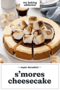Sliced s'mores cheesecake topped with hot fudge sauce and toasted marshmallows. Text overlay includes recipe name.