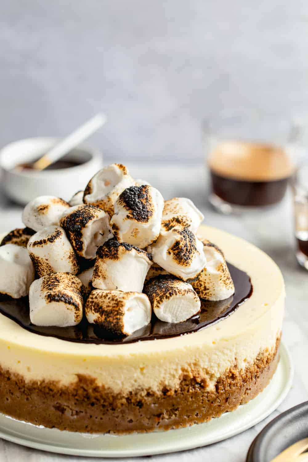 S'mores cheesecake topped with fudge sauce and toasted marshmallows, ready to be served