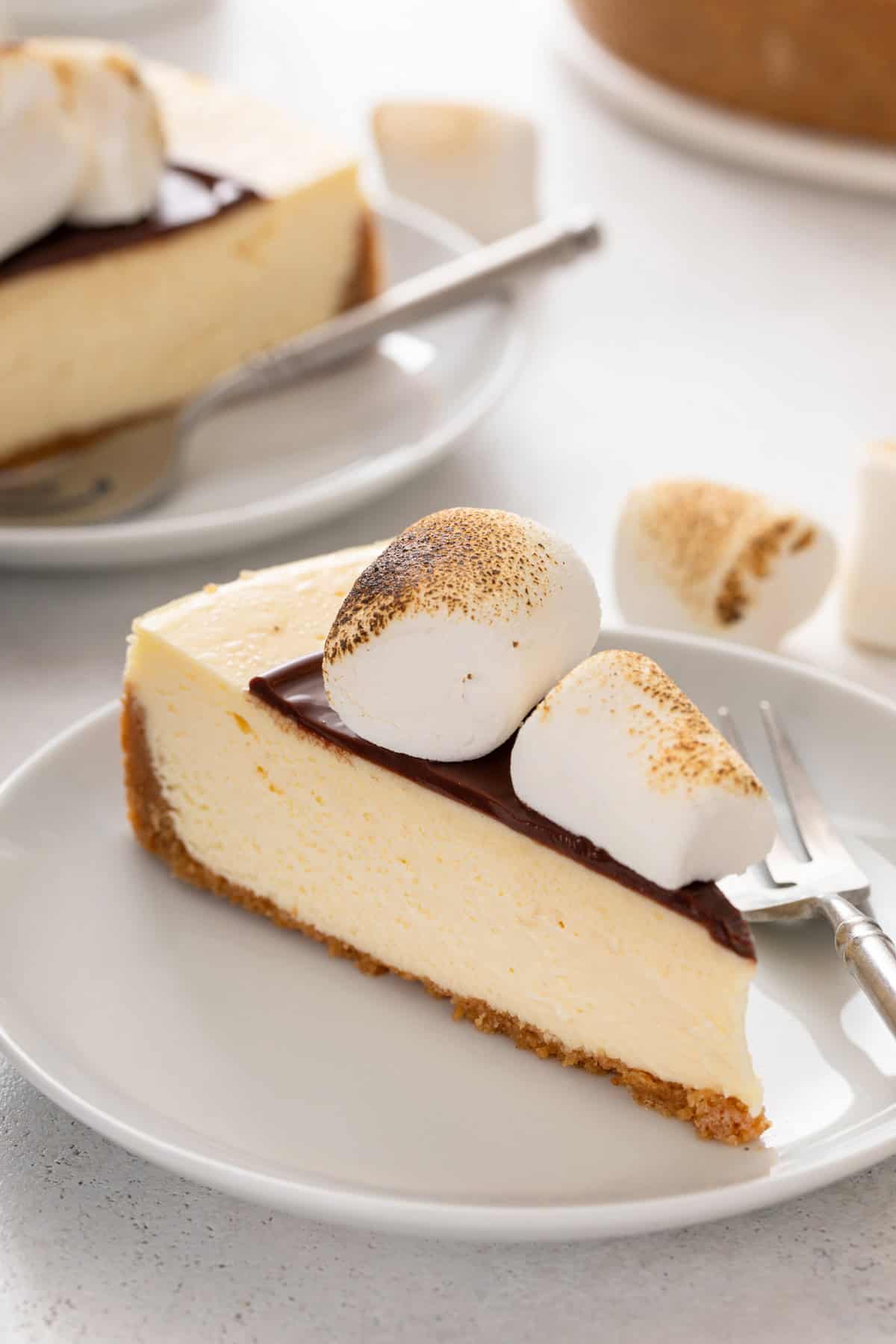 Close up image of a slice of s'mores cheesecake on a white plate.