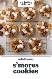 S'mores cookies arranged on a wire rack. Text overlay includes recipe name.
