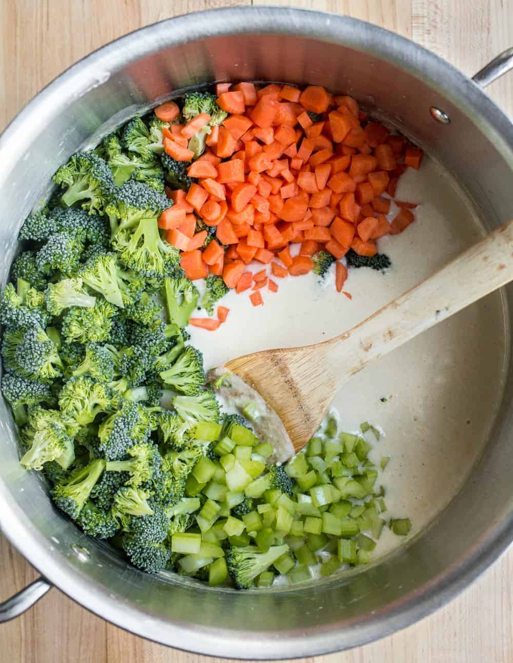 Zutaten für Brokkoli-Käse-Suppe in einem großen Suppentopf
