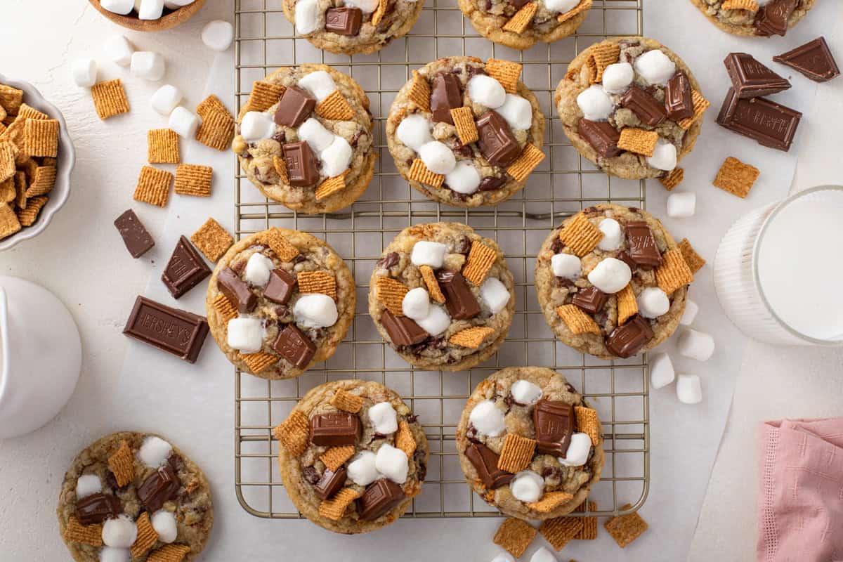 S'mores cookies arranged on a wire rack.