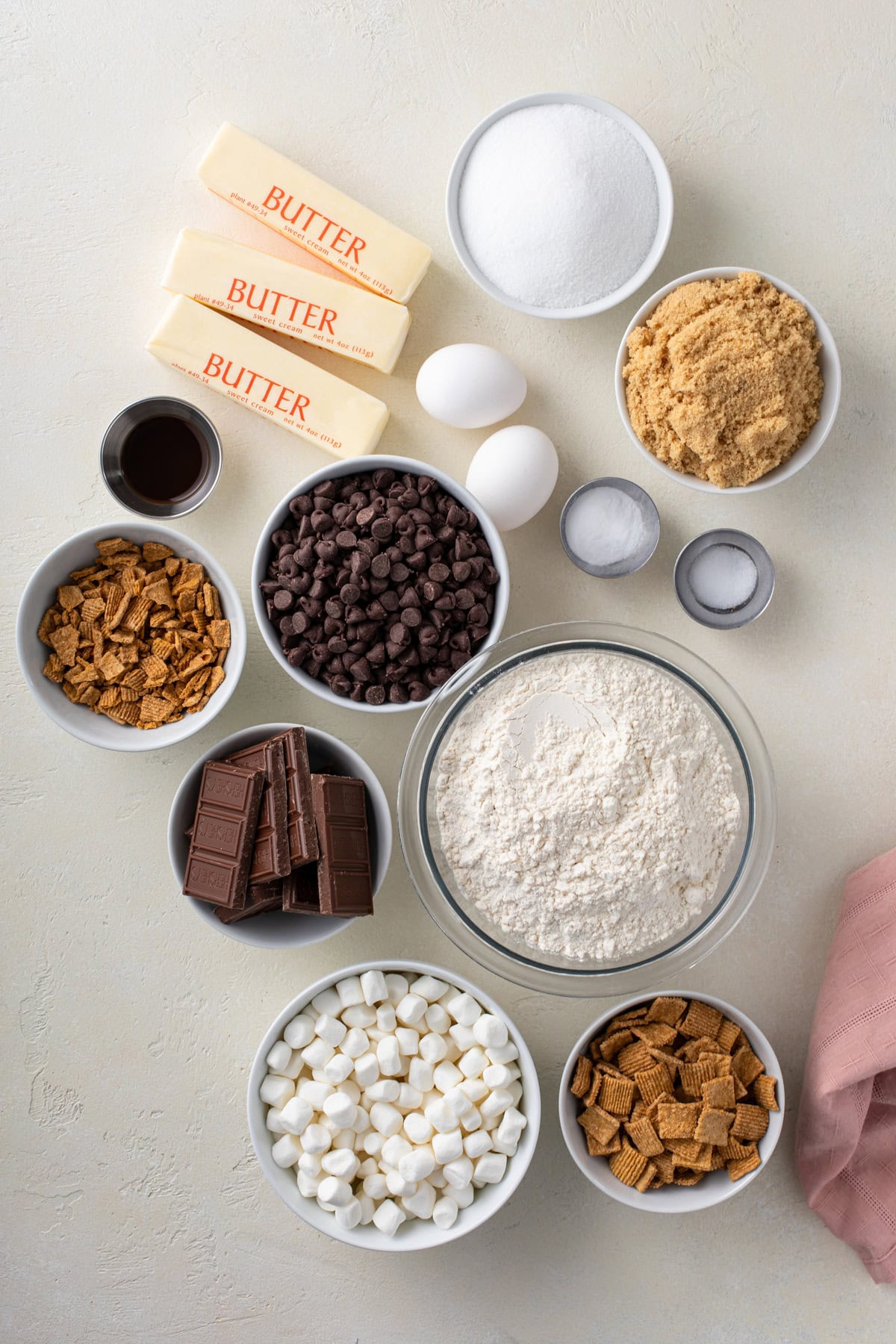 Ingredients for s'mores cookies arranged on a countertop.
