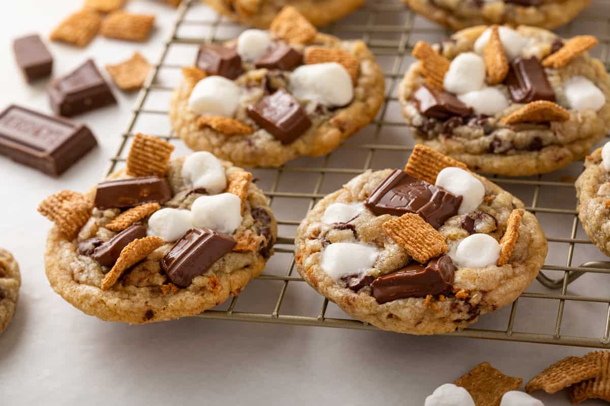 S'mores cookies cooling on a wire rack.