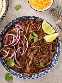 Overhead view of chipotle barbacoa in a blue and white bowl, toped with red onions, cilantro and lime wedges