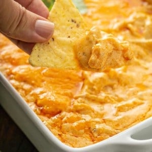 Hand holding a tortilla chip with buffalo chicken dip