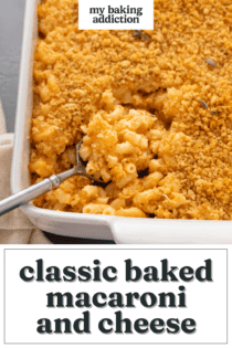 Spoon in a casserole dish of baked mac and cheese. Text overlay includes recipe name.