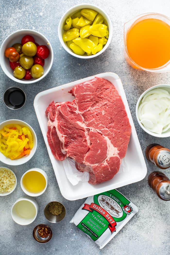 Ingredients for italian beef arranged on a countertop