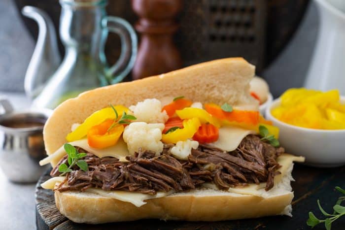 Side view of an Italian beef sandwich on a hoagie roll