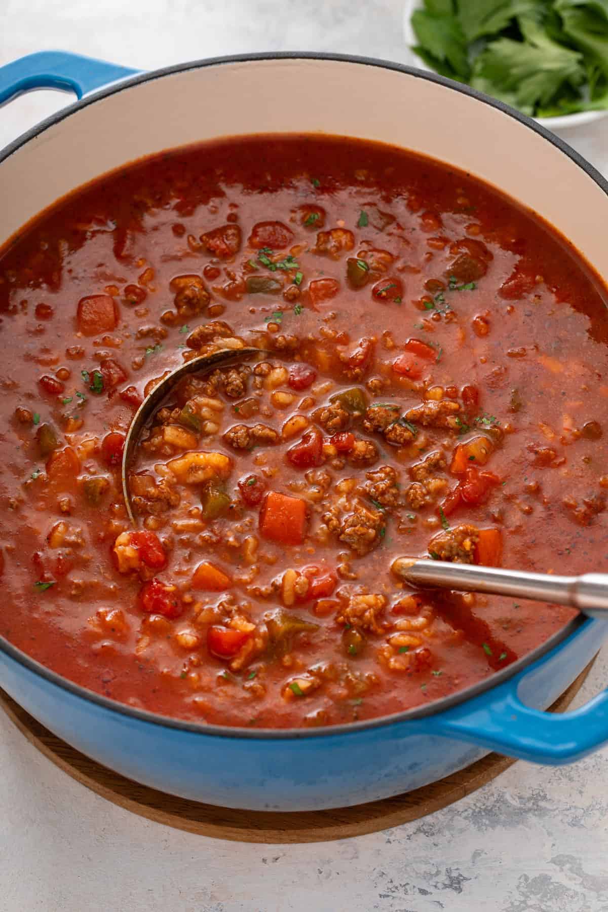 Ladle resting in a pot of stuffed pepper soup.