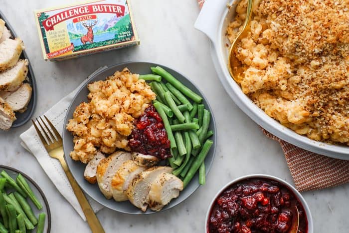 Overhead view of macaroni and cheese plated as part of Thanksgiving dinner