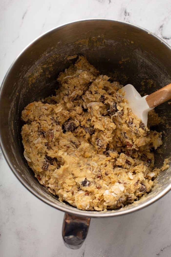 Ambrosia cookie dough in a metal mixing bowl
