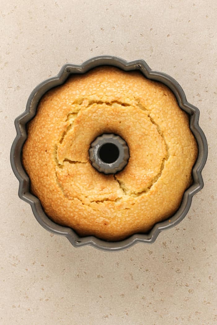 Baked cream cheese pound cake in a bundt pan.
