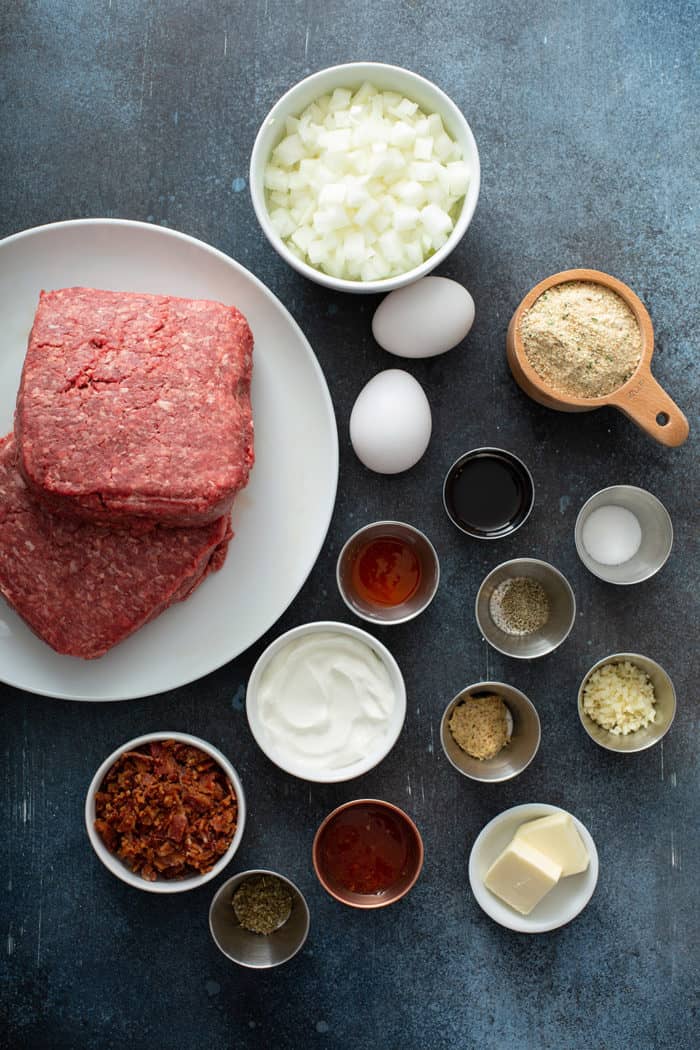 Easy meatloaf ingredients on a gray counter