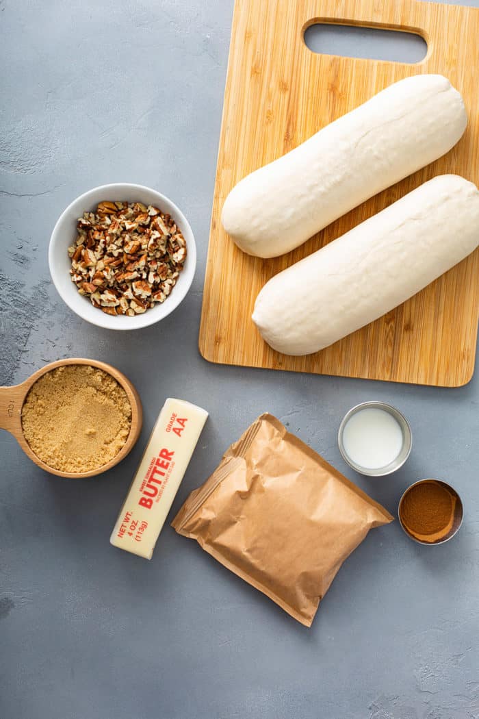 Pecan sticky bun ingredients in a gray countertop