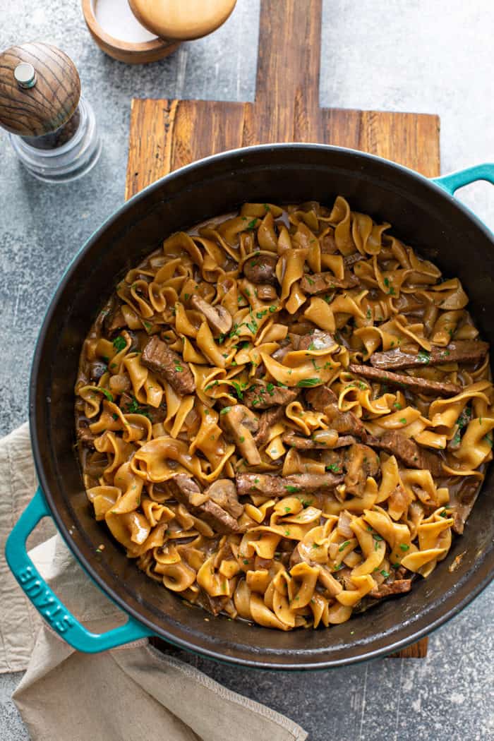 Cooked one-pot beef stroganoff in a dutch oven