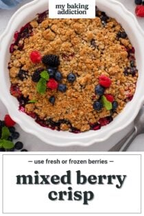 Cooled berry crisp in a white baking dish, garnished with mint and fresh berries. Text overlay includes recipe name.