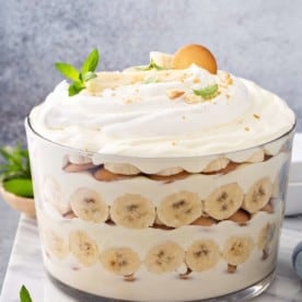 19 desserts faciles sans cuisson pour vaincre la chaleur 34 Vue latérale du pudding à la banane et au magnolia assemblé dans un petit plat et garni de crème fouettée
