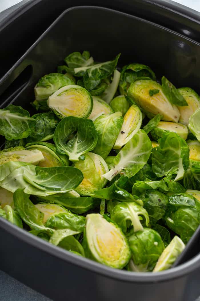 Close up of prepped brussels sprouts tossed with olive oil in the basket of an air fryer, ready to cook