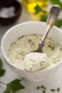 Spoonful of ranch seasoning mix balanced on the side of a bowl of seasoning