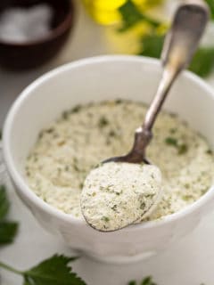 Spoonful of ranch seasoning mix balanced on the side of a bowl of seasoning