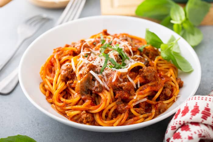 Bowl of one-pot spaghetti on a gray countertop