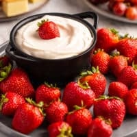 Strawberries surrounding a bowl of fruit dip on a black plate. A whole strawberry sits on top of the dip.