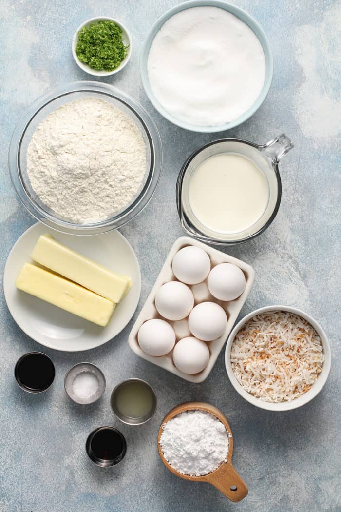 Ingredients for lime coconut cake arranged on a countertop