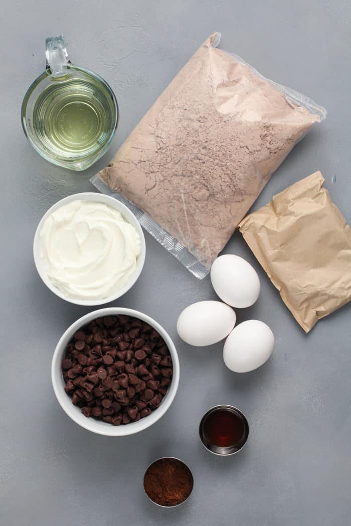 Ingredients for easy chocolate bundt cake on a gray countertop