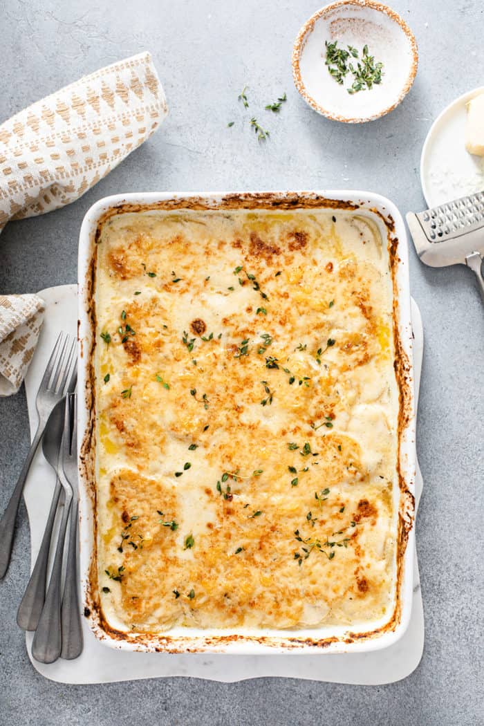 Overhead view of a baked potato gratin, ready to serve