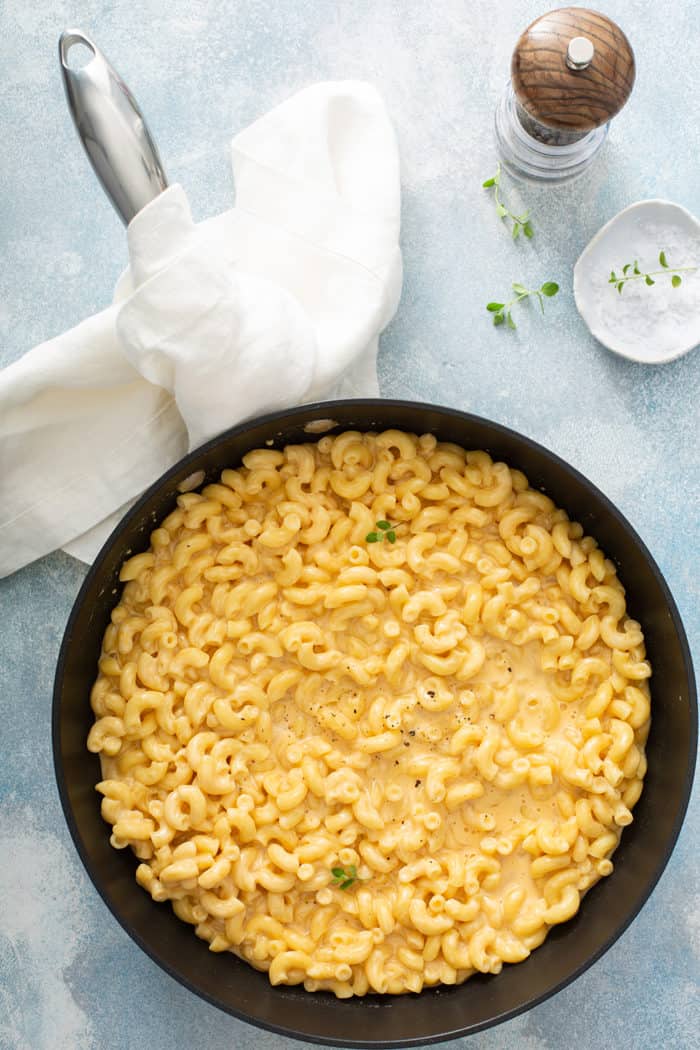 Overhead view of a skillet filled with one pot mac and cheese