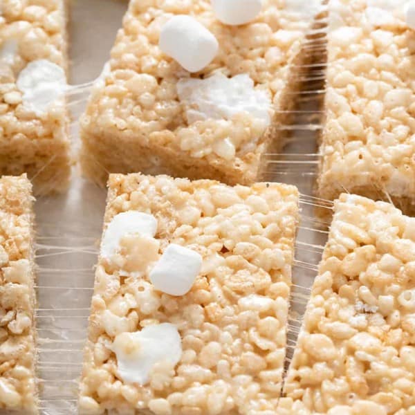 Close up of sliced classic rice krispie treats