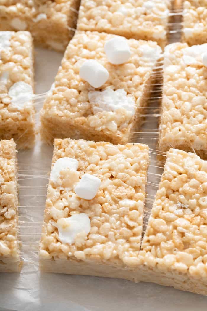 Close up of sliced classic rice krispie treats